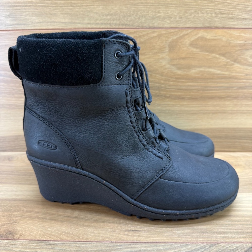 KEEN Akita Wedge Boots‎ Womens 8 Black Leather Lace Up Comfort Casual